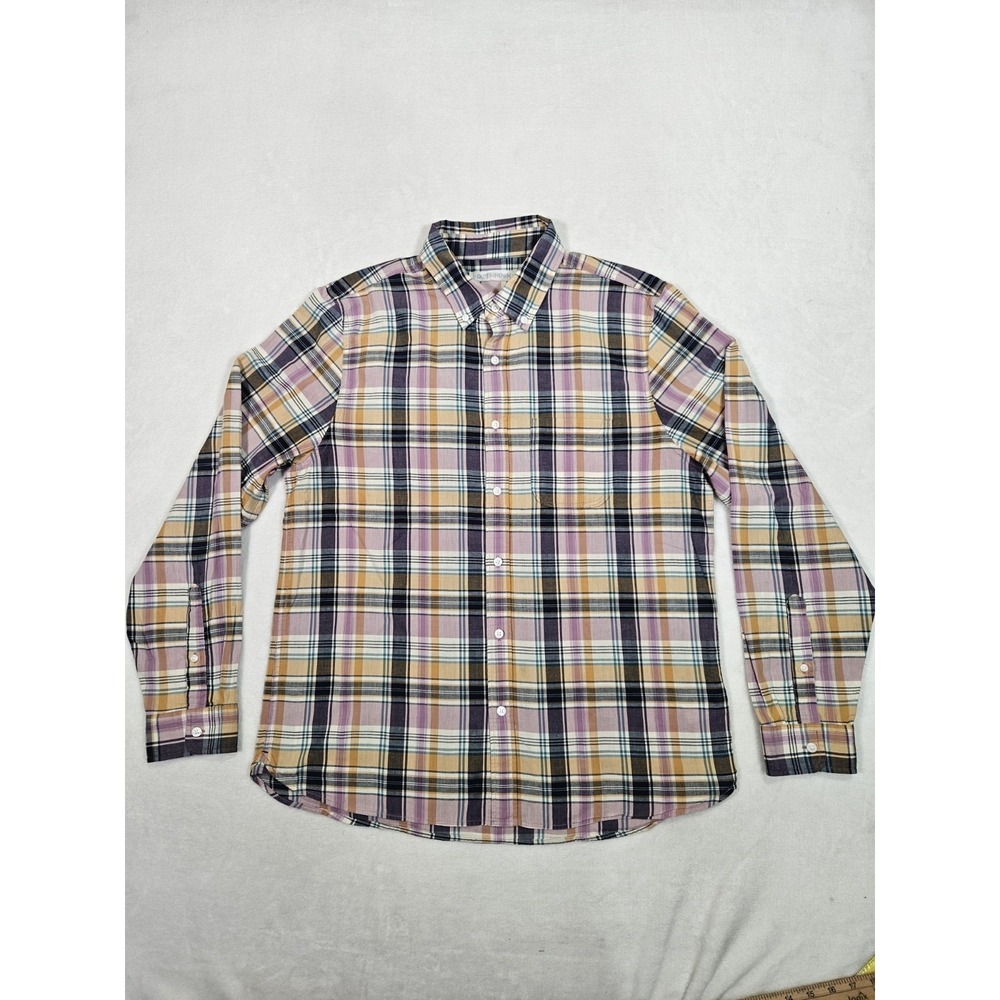 Outerknown Shirt Men's Large Purple Yellow Plaid Organic Cotton Casual